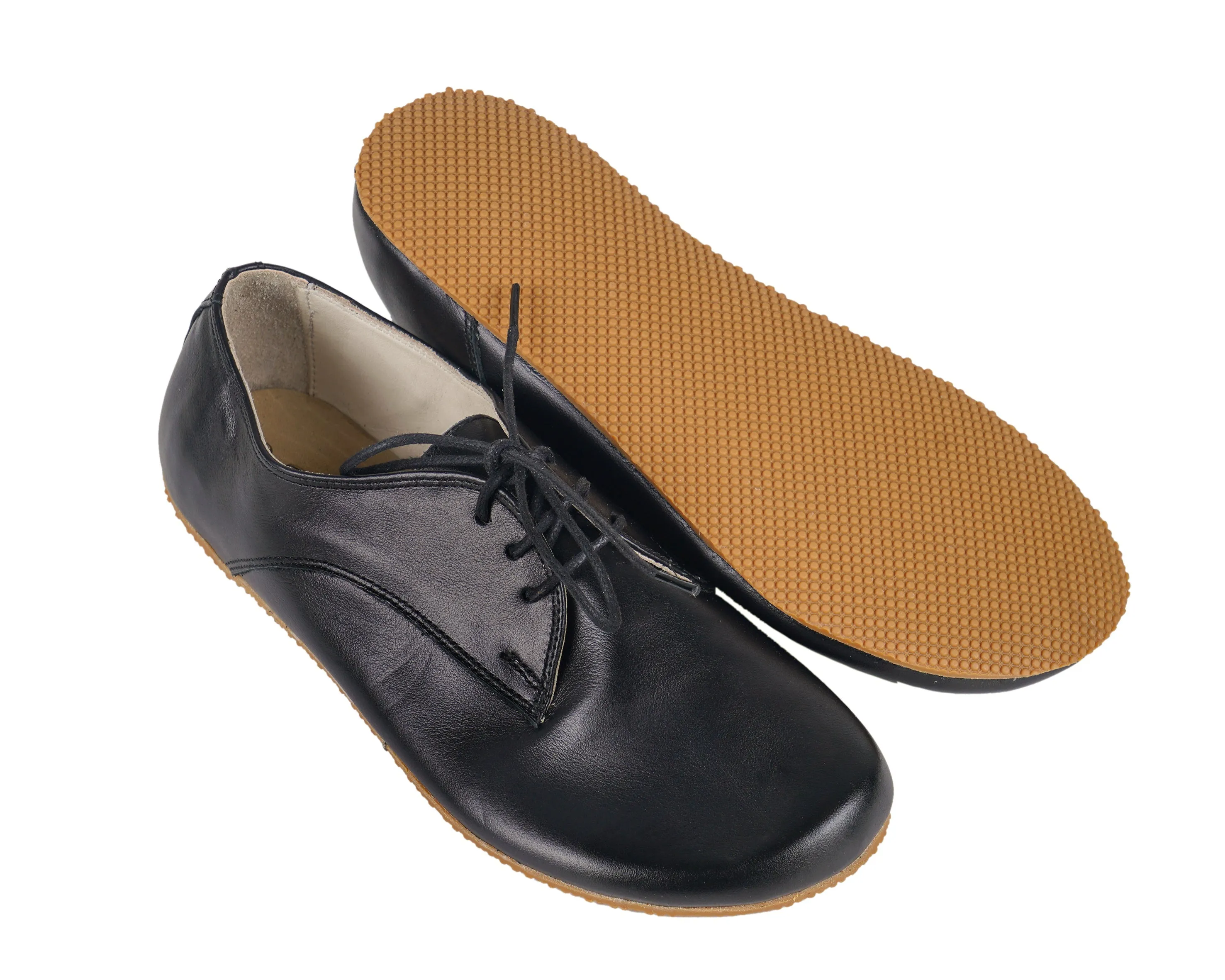 Black Oxford Wide Barefoot Shoes Smooth Leather Handmade 4mm Rubber Outsole