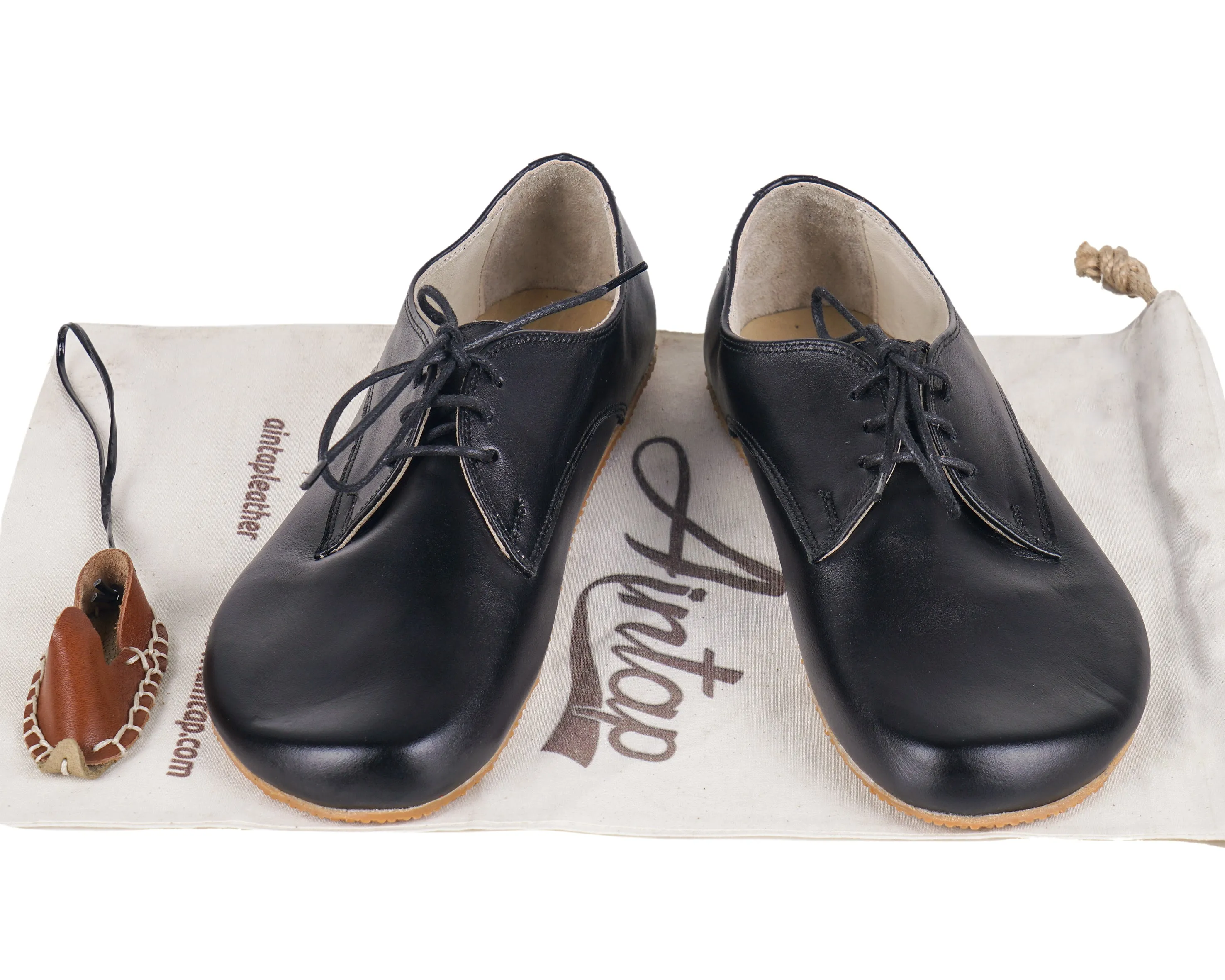 Black Oxford Wide Barefoot Shoes Smooth Leather Handmade 4mm Rubber Outsole