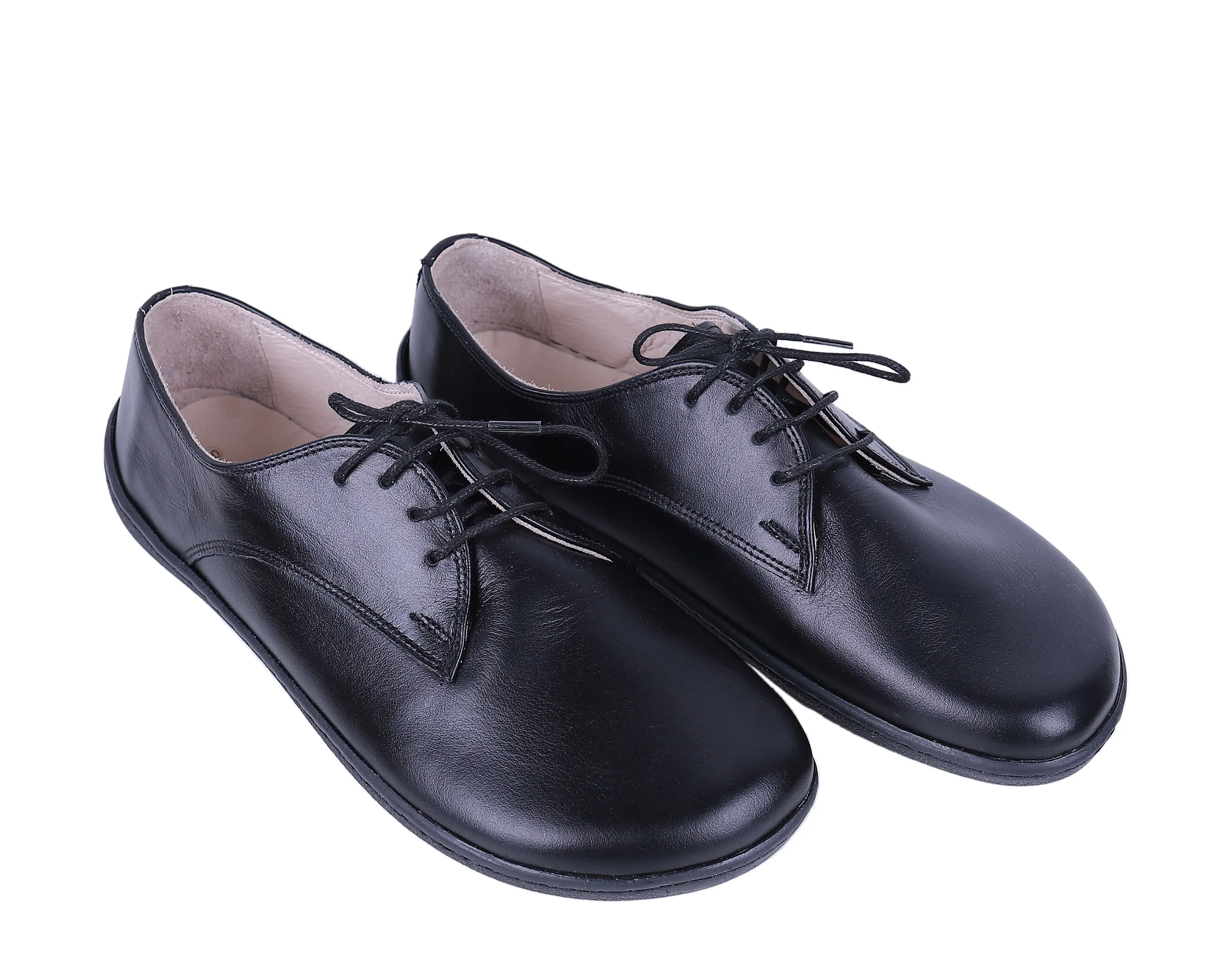 Black Oxford Wide Barefoot Shoes Smooth Leather Handmade 6mm Rubber Outsole
