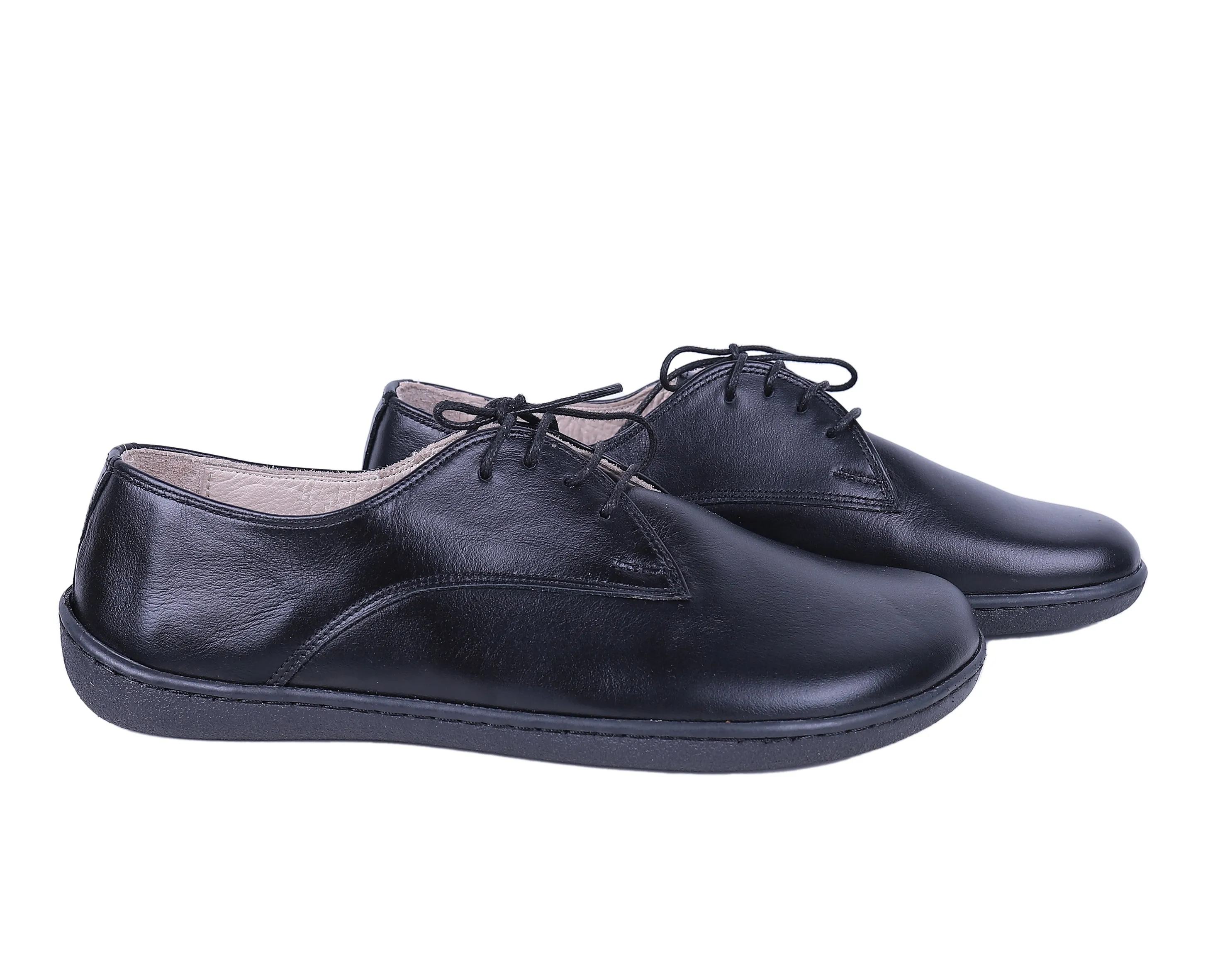 Black Oxford Wide Barefoot Shoes Smooth Leather Handmade 6mm Rubber Outsole