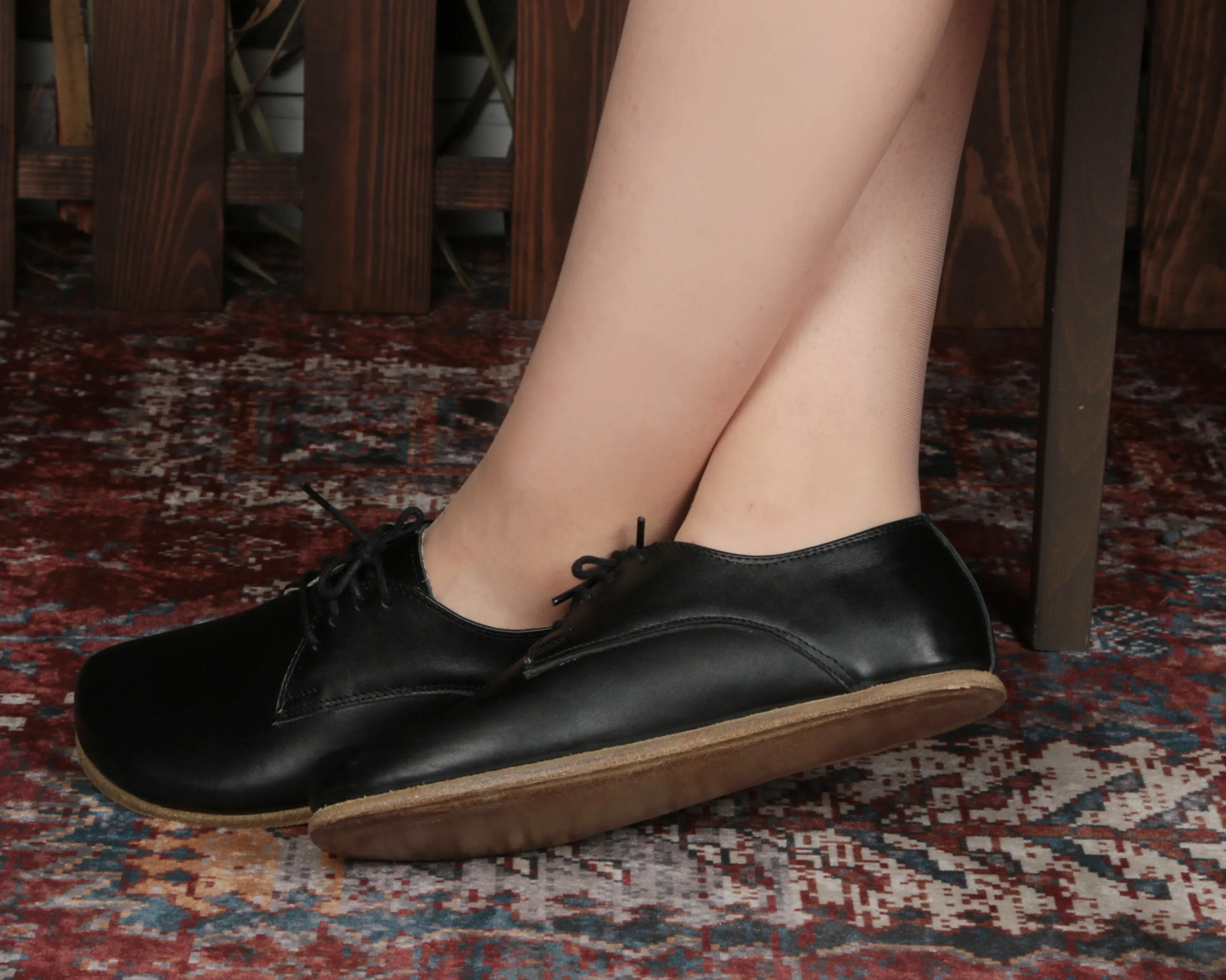Black Oxford Wide Barefoot Smooth Leather Handmade Classic Shoes
