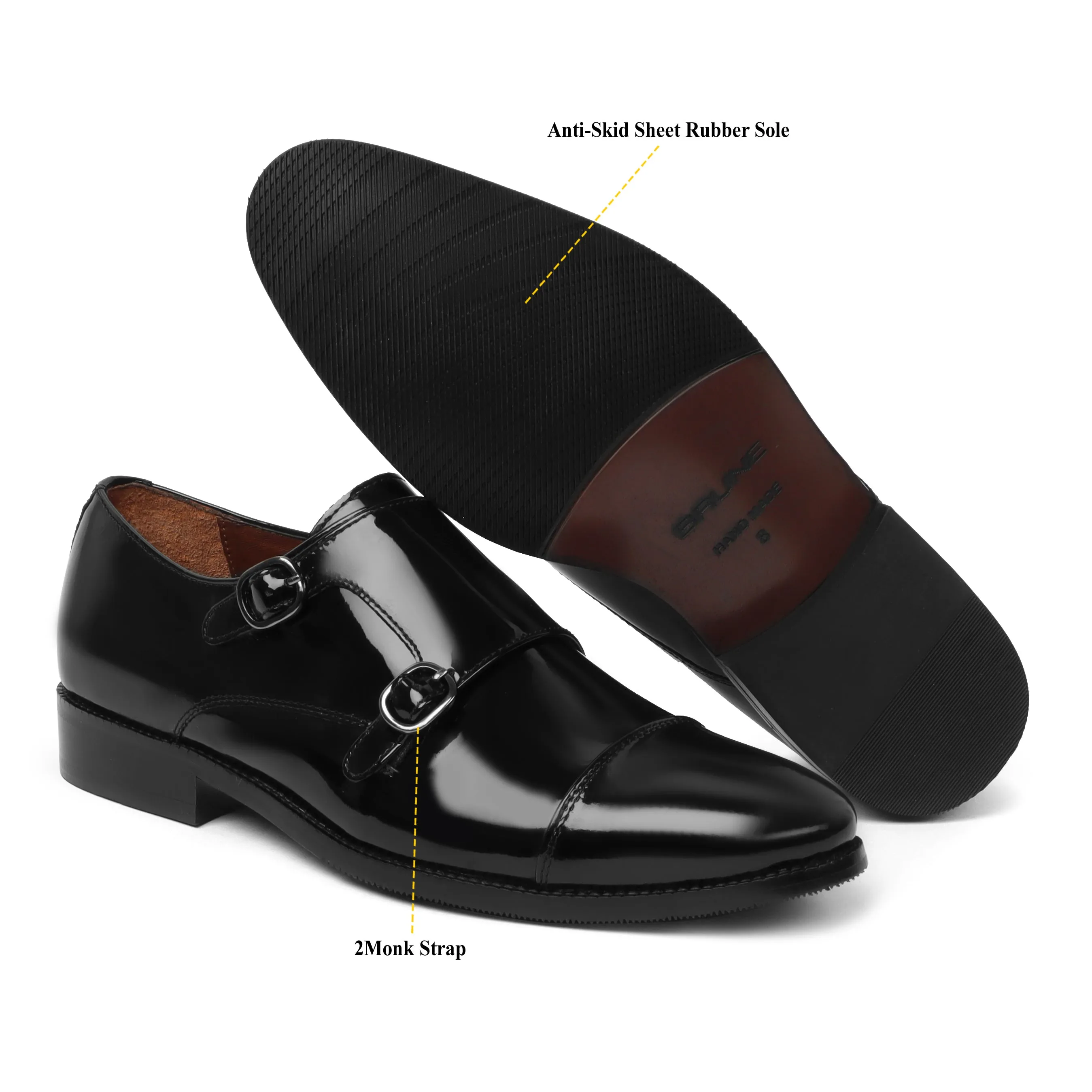 Black Patent Leather Rounded Cap Toe Double Monk Strap Formal Shoes By Brune & Bareskin