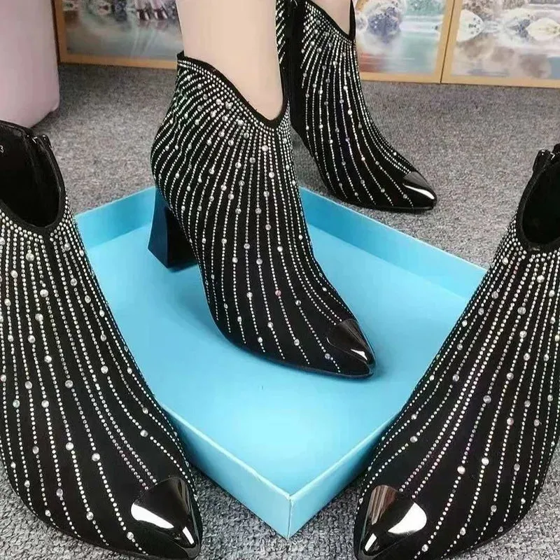 Black Rhinestone Ankle Boots