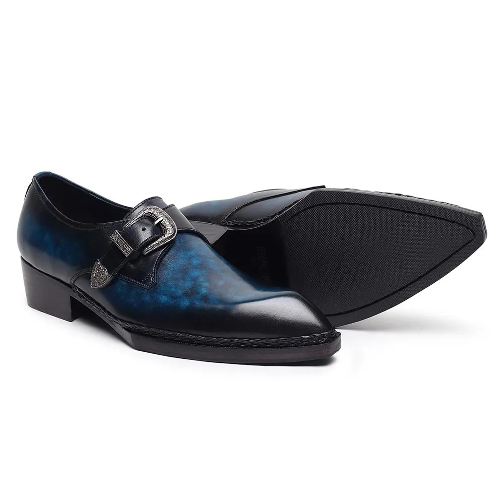 Blue Mirror Glossed Patina Norwegian Welted Gatsby Single Monk Strap   Cuban Heels
