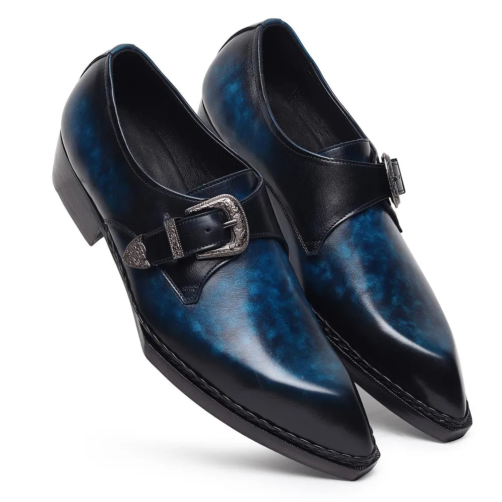 Blue Mirror Glossed Patina Norwegian Welted Gatsby Single Monk Strap   Cuban Heels