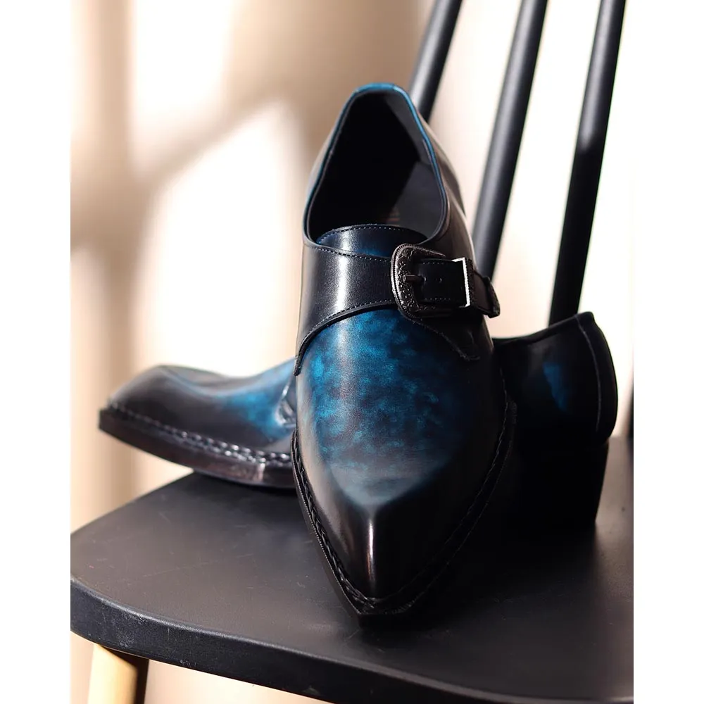Blue Mirror Glossed Patina Norwegian Welted Gatsby Single Monk Strap   Cuban Heels