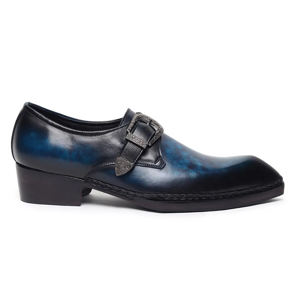 Blue Mirror Glossed Patina Norwegian Welted Gatsby Single Monk Strap   Cuban Heels