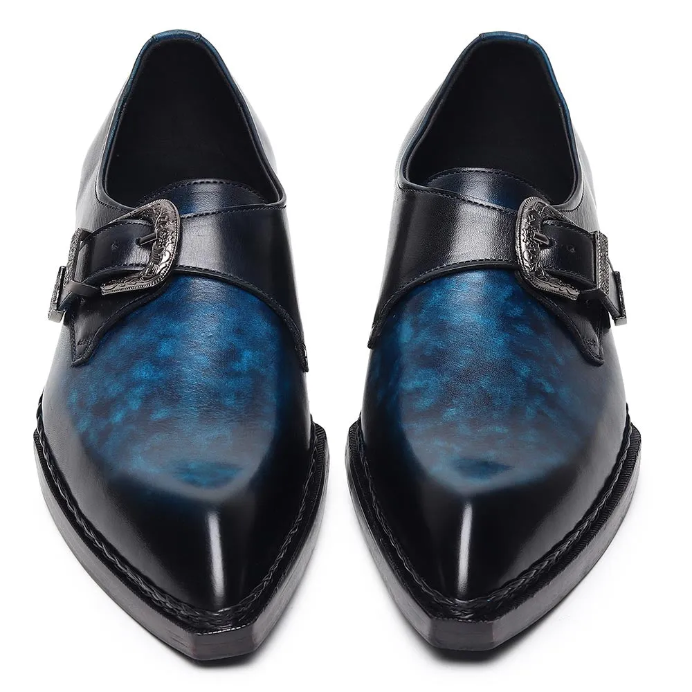 Blue Mirror Glossed Patina Norwegian Welted Gatsby Single Monk Strap   Cuban Heels