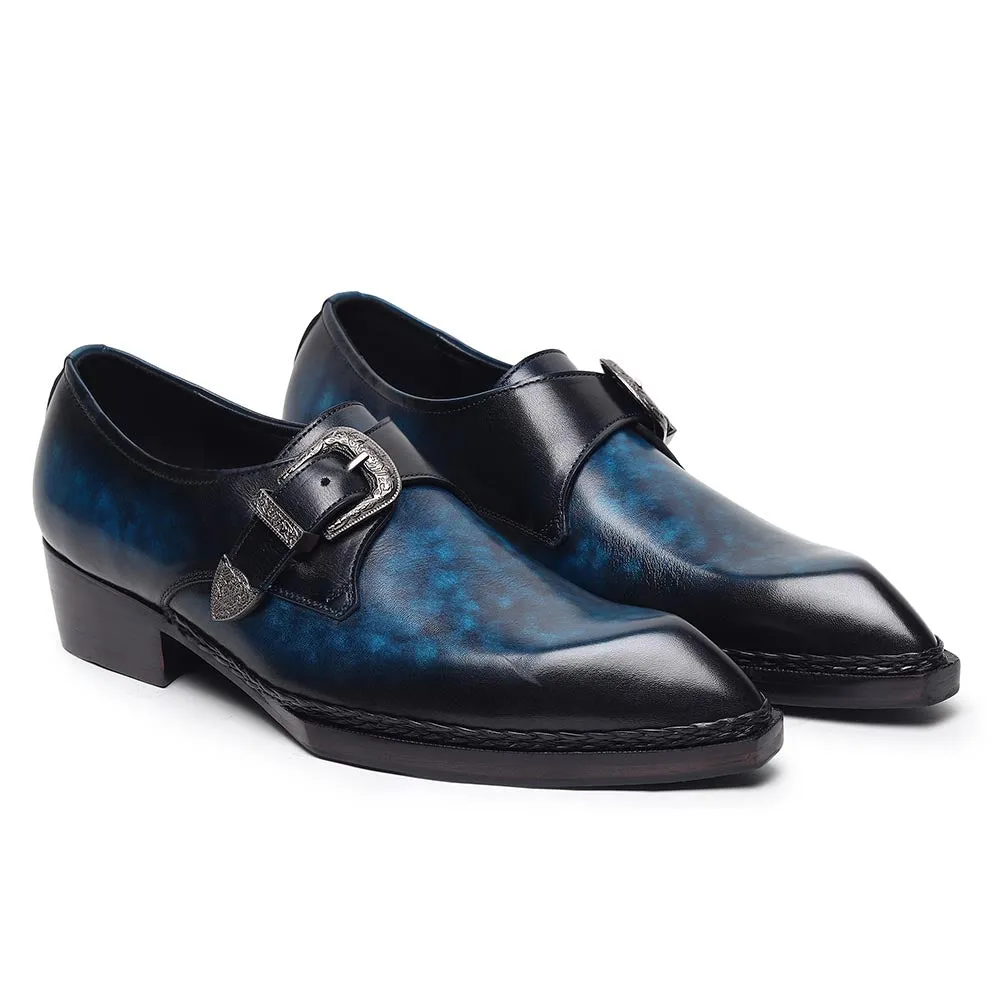 Blue Mirror Glossed Patina Norwegian Welted Gatsby Single Monk Strap   Cuban Heels