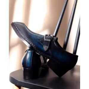 Blue Mirror Glossed Patina Norwegian Welted Gatsby Single Monk Strap   Cuban Heels