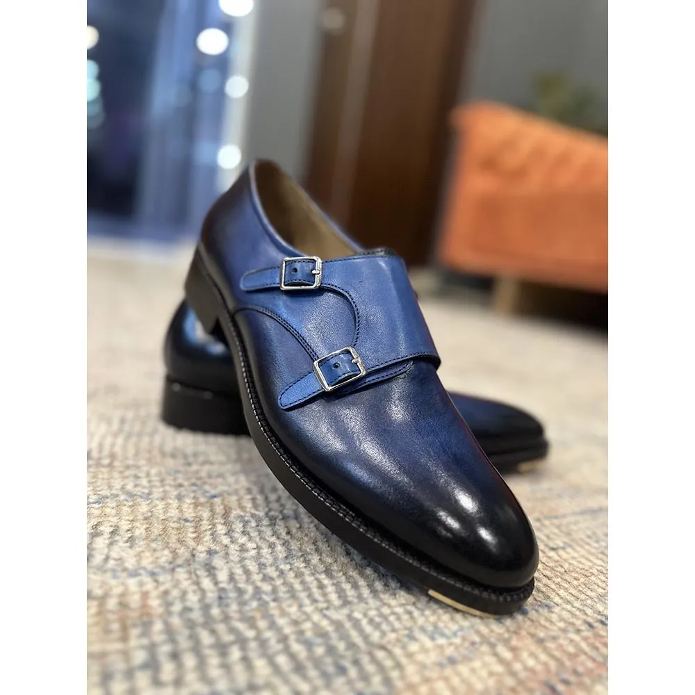 Blue Patina Mirror Glossed Double Monk Strap With Metal Toe Plate