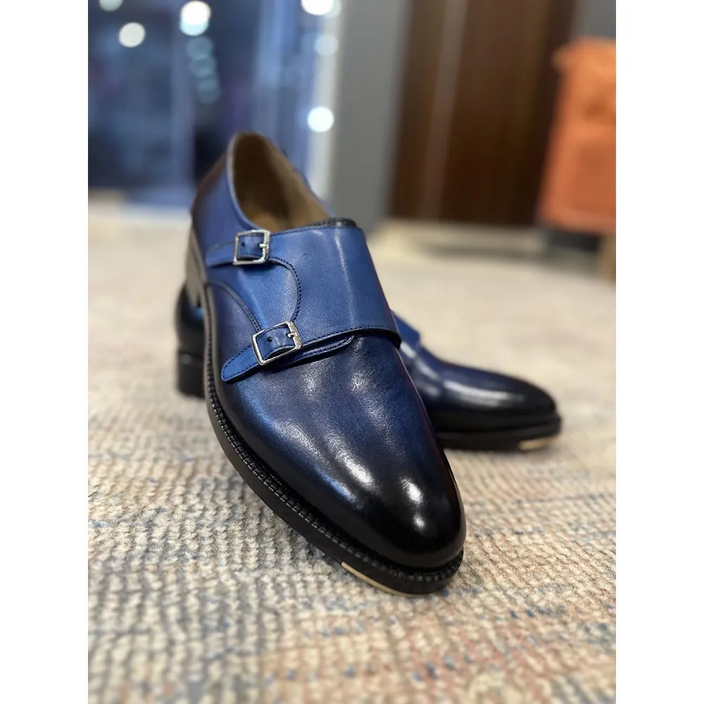Blue Patina Mirror Glossed Double Monk Strap With Metal Toe Plate