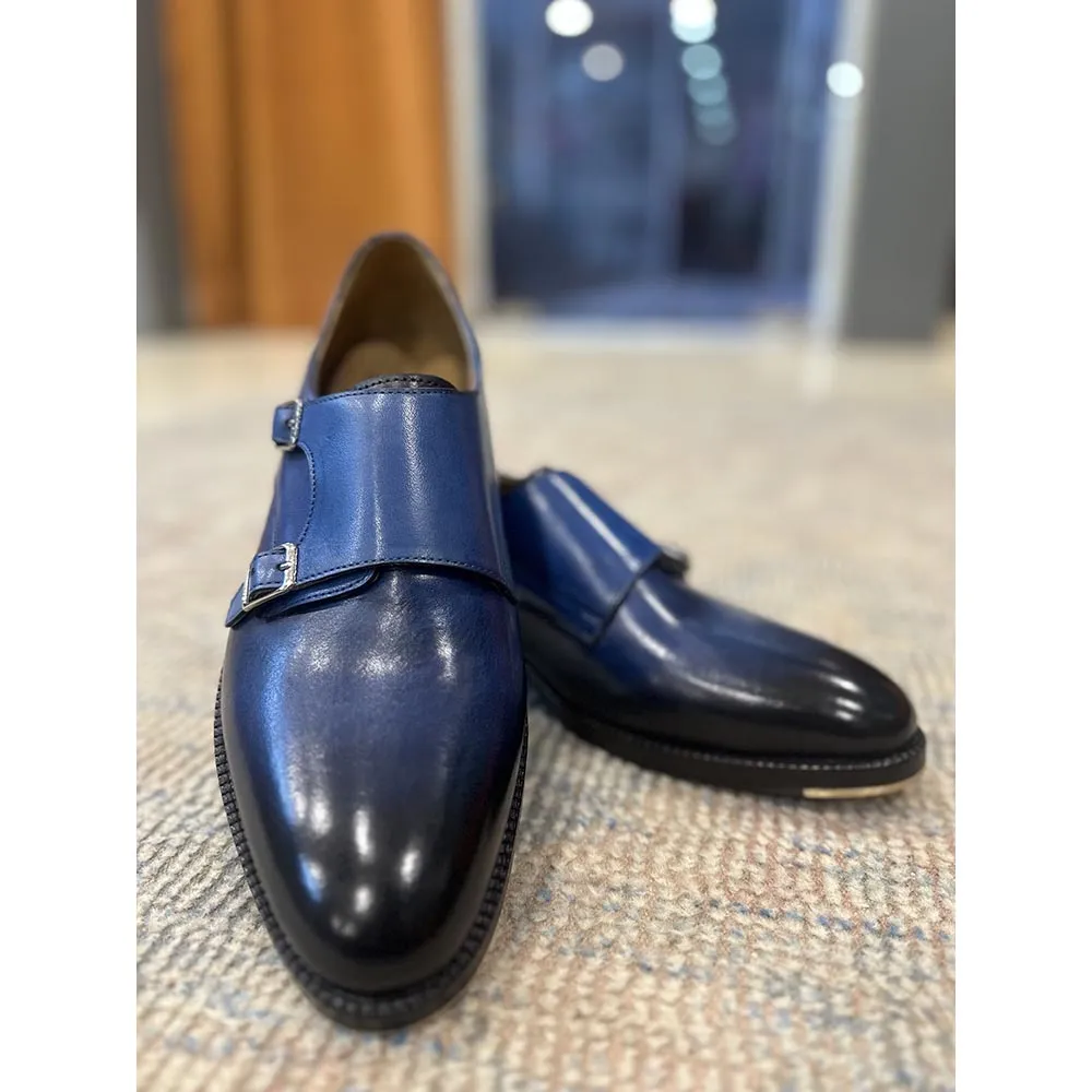 Blue Patina Mirror Glossed Double Monk Strap With Metal Toe Plate