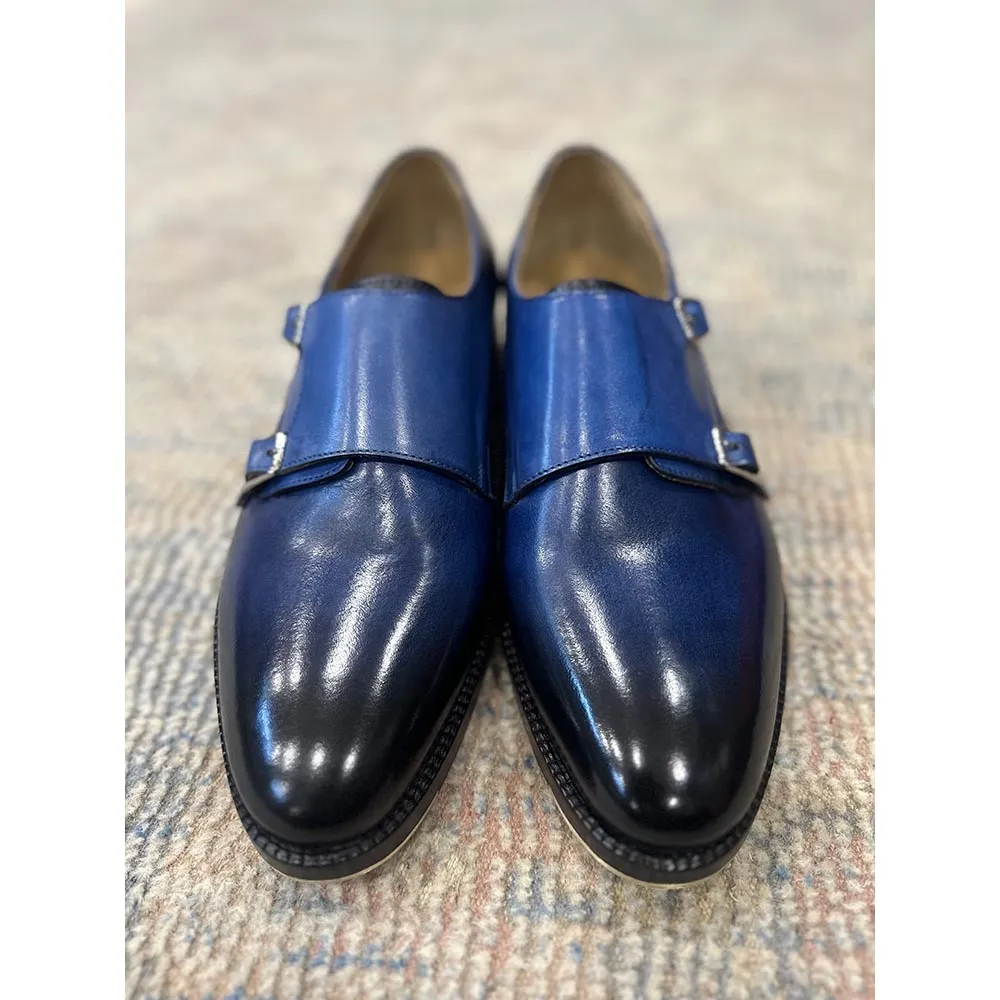 Blue Patina Mirror Glossed Double Monk Strap With Metal Toe Plate