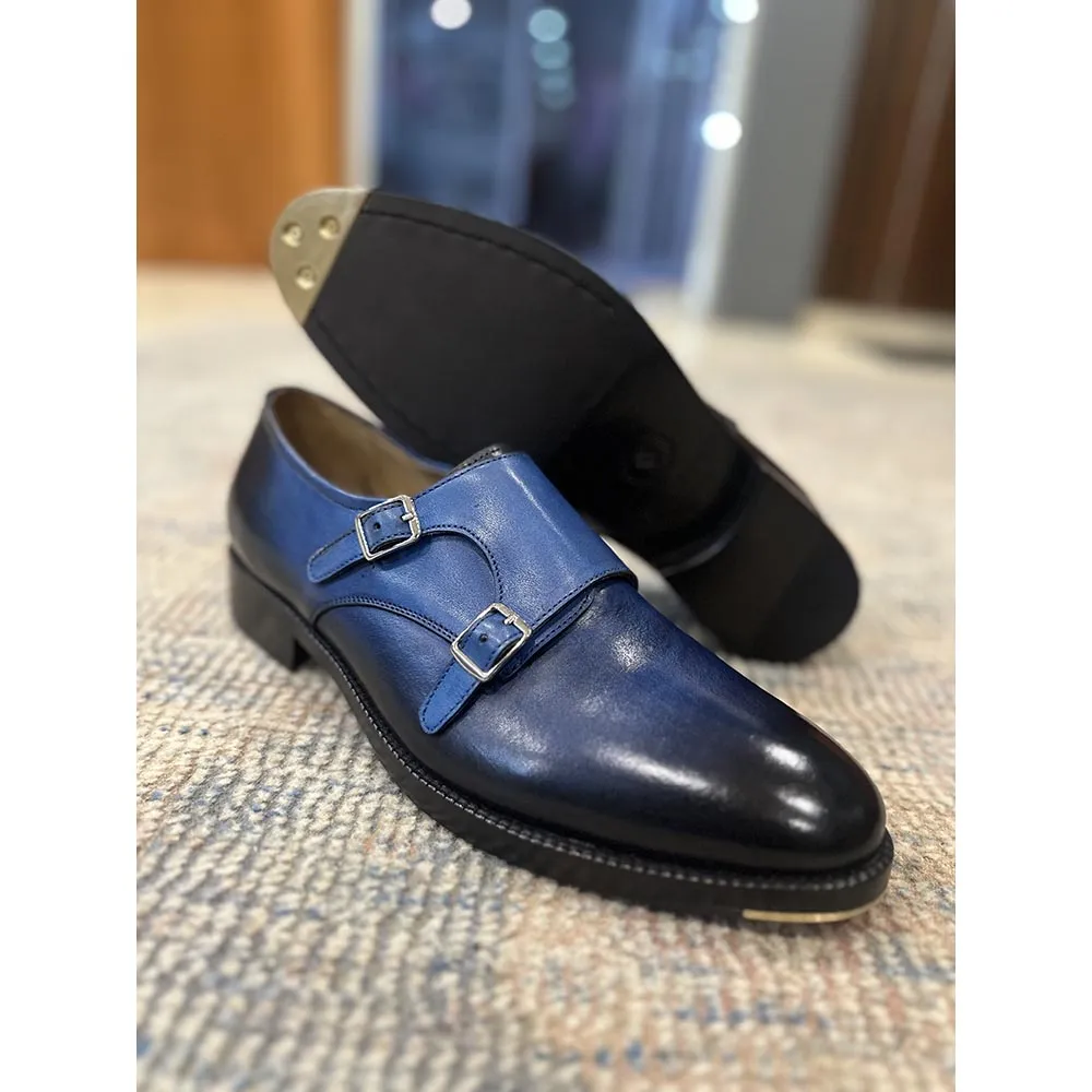 Blue Patina Mirror Glossed Double Monk Strap With Metal Toe Plate