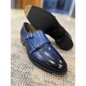 Blue Patina Mirror Glossed Double Monk Strap With Metal Toe Plate