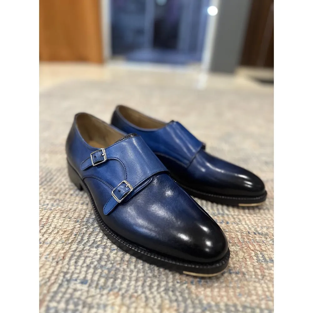 Blue Patina Mirror Glossed Double Monk Strap With Metal Toe Plate