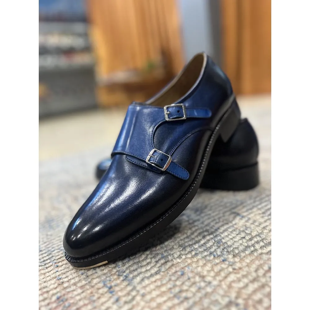 Blue Patina Mirror Glossed Double Monk Strap With Metal Toe Plate
