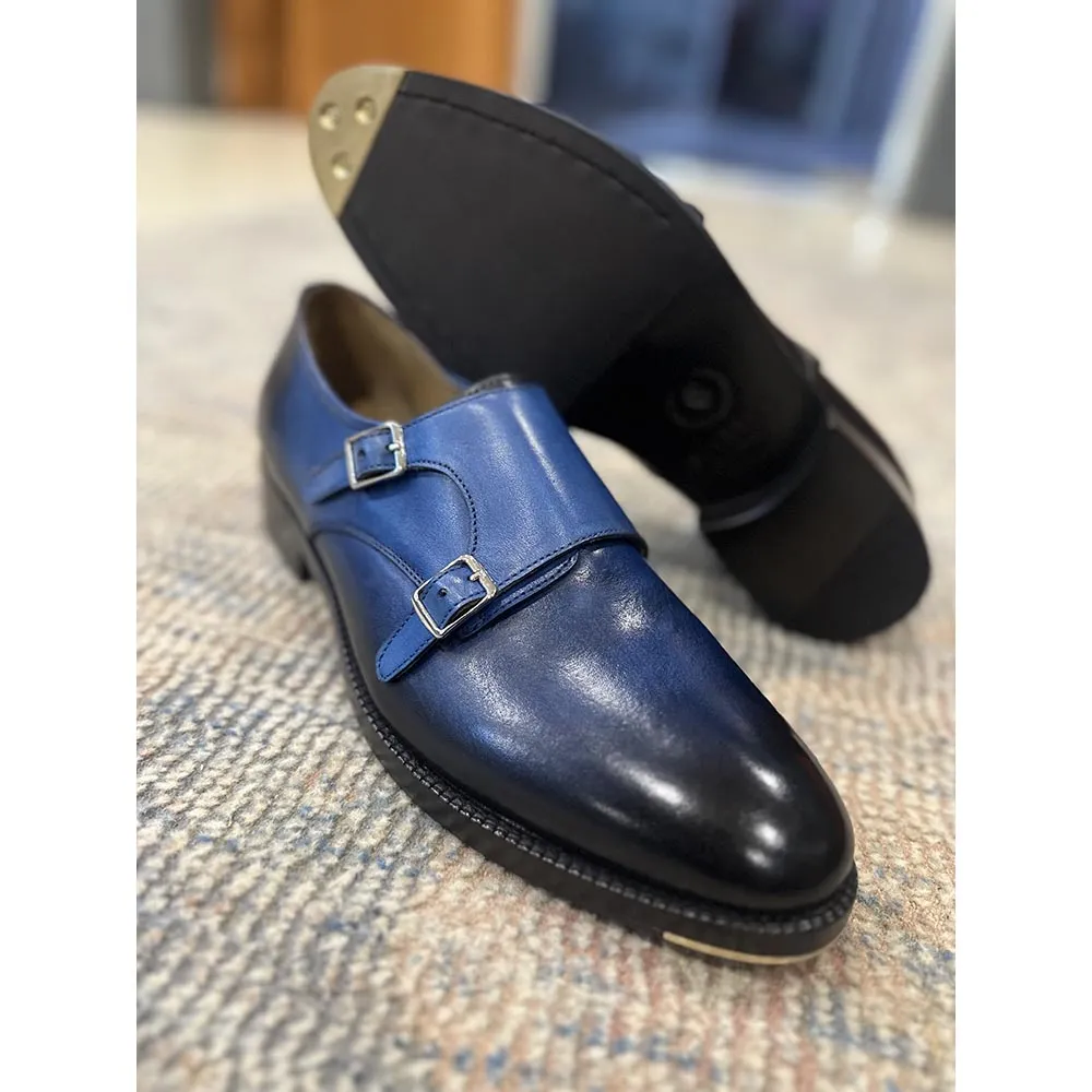 Blue Patina Mirror Glossed Double Monk Strap With Metal Toe Plate