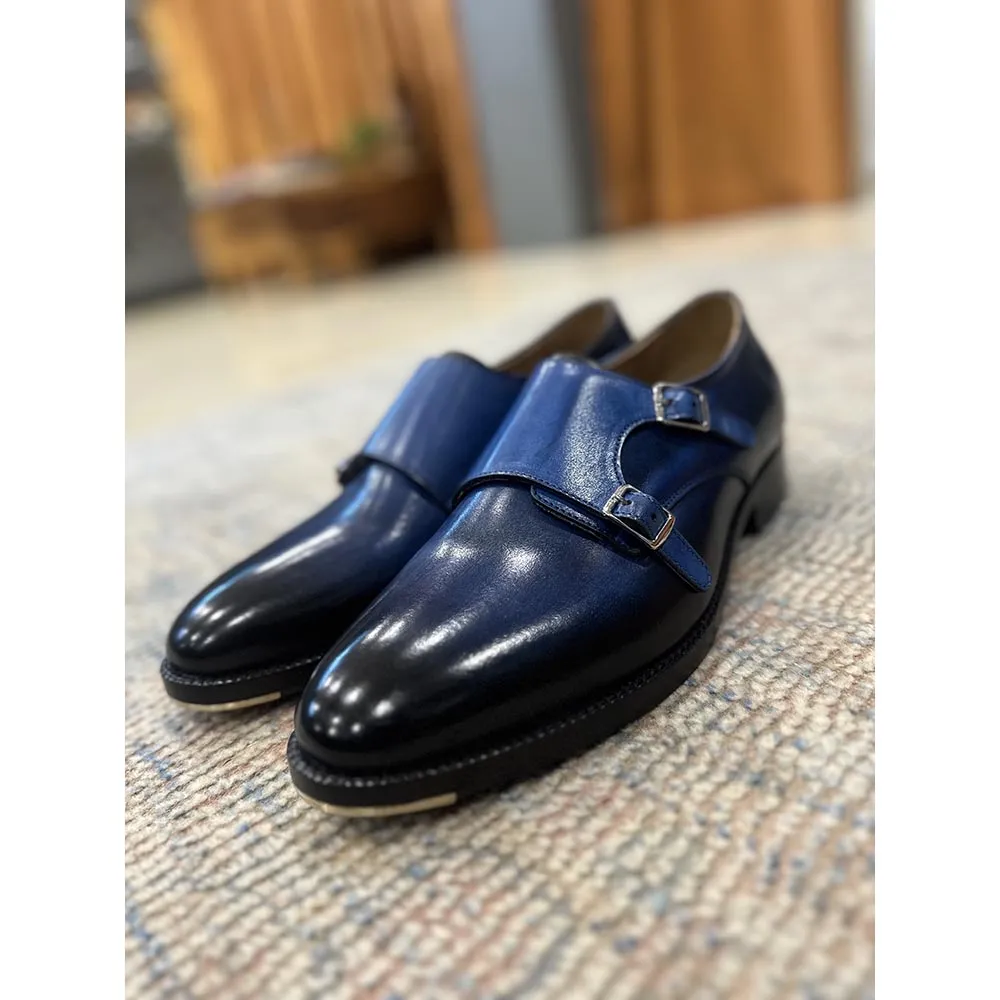 Blue Patina Mirror Glossed Double Monk Strap With Metal Toe Plate
