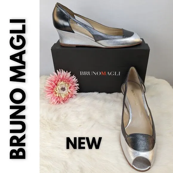 Bruno Magli Fiesse Wedge Heel Gray Color-Block Lambskin Leather Size 9.5 AA, NEW
