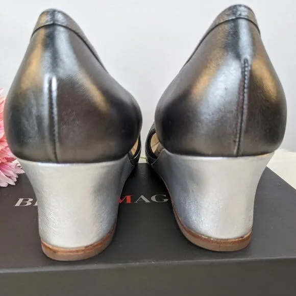 Bruno Magli Fiesse Wedge Heel Gray Color-Block Lambskin Leather Size 9.5 AA, NEW