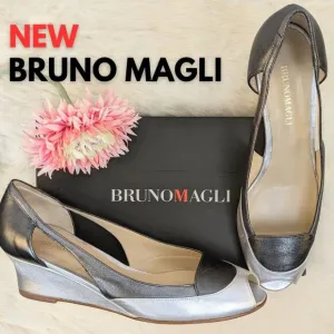 Bruno Magli Fiesse Wedge Heel Gray Color-Block Lambskin Leather Size 9.5 AA, NEW