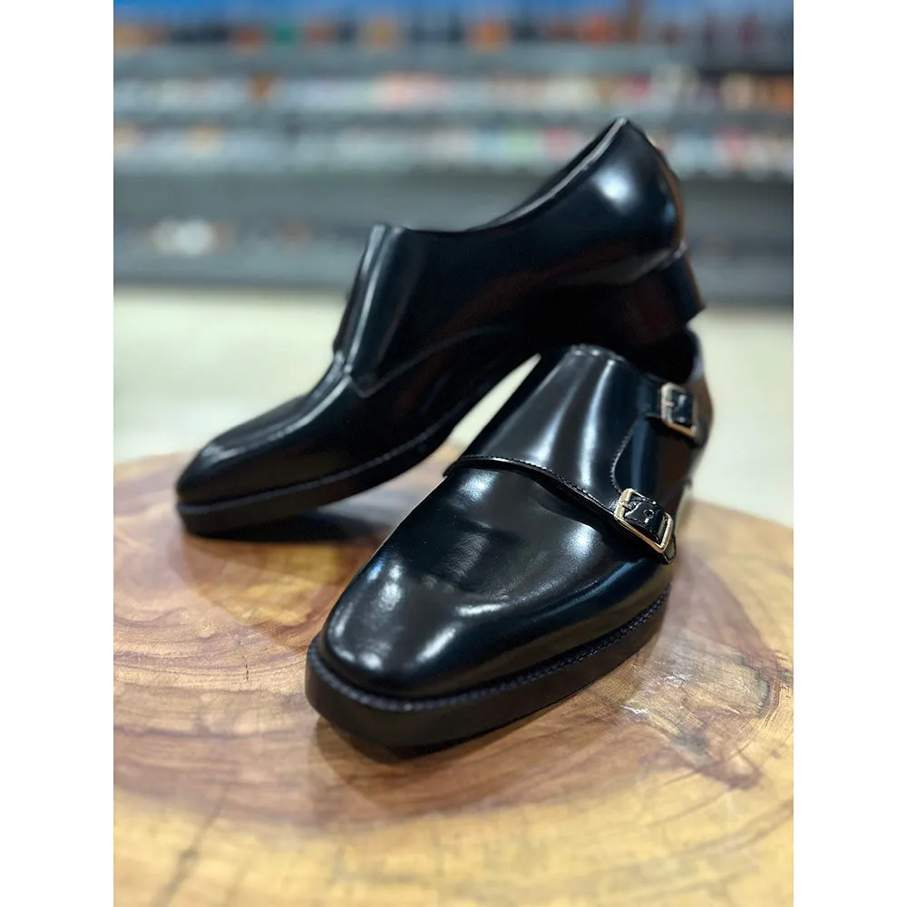 Brushed Black Glossed Chisel Double Monk Strap