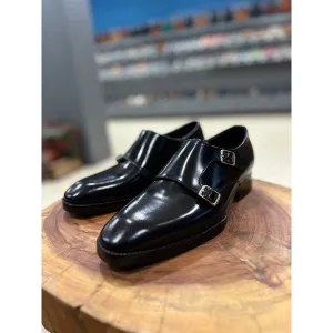 Brushed Black Glossed Chisel Double Monk Strap