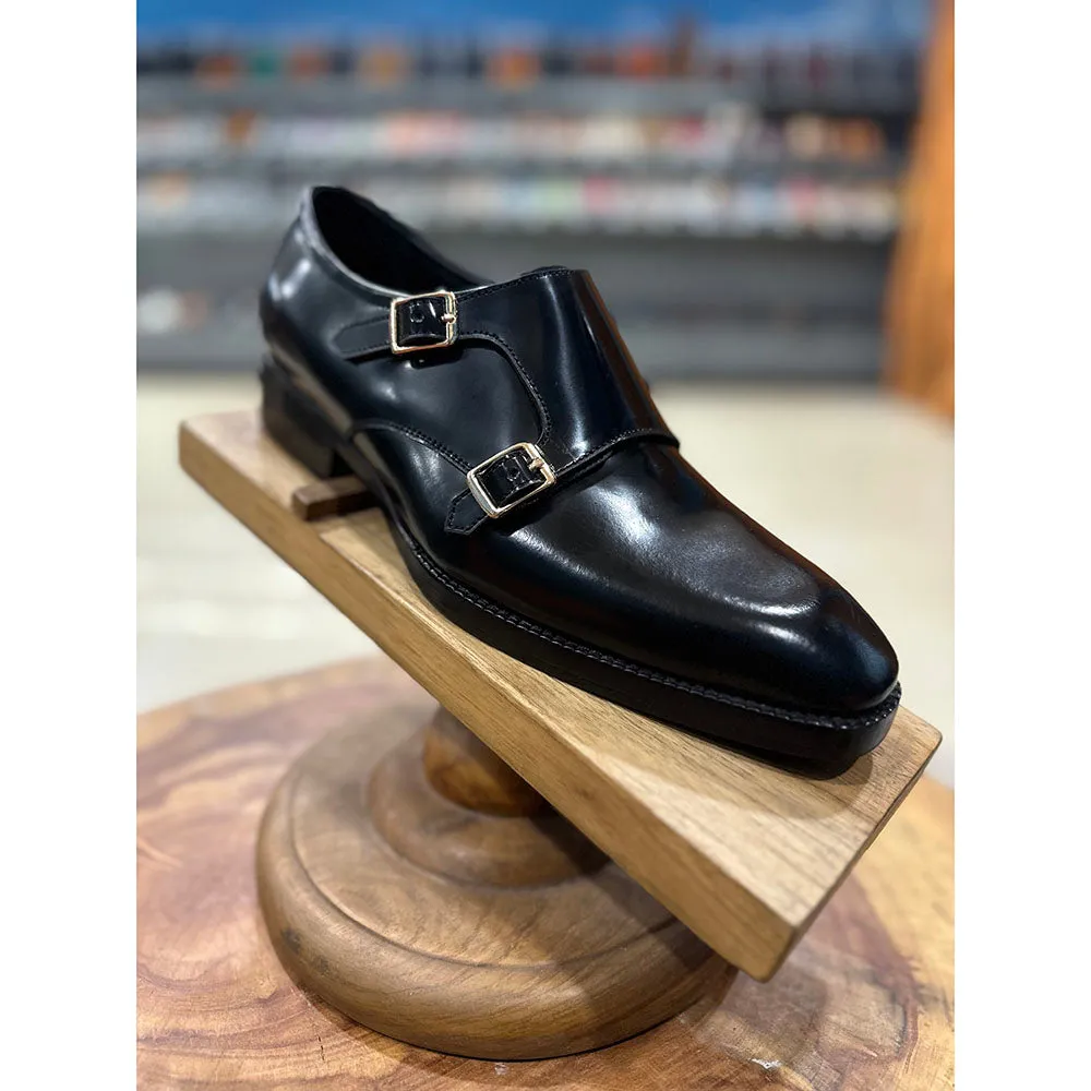 Brushed Black Glossed Chisel Double Monk Strap