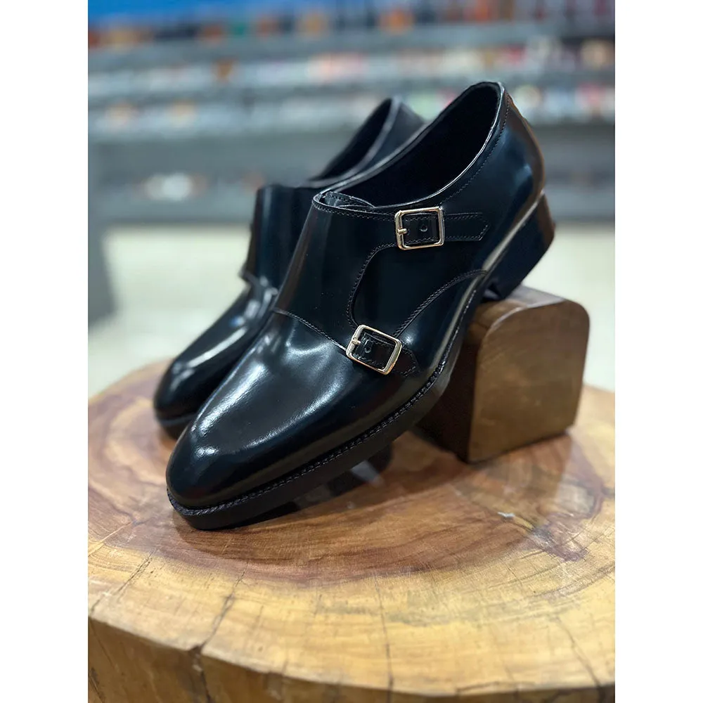 Brushed Black Glossed Chisel Double Monk Strap