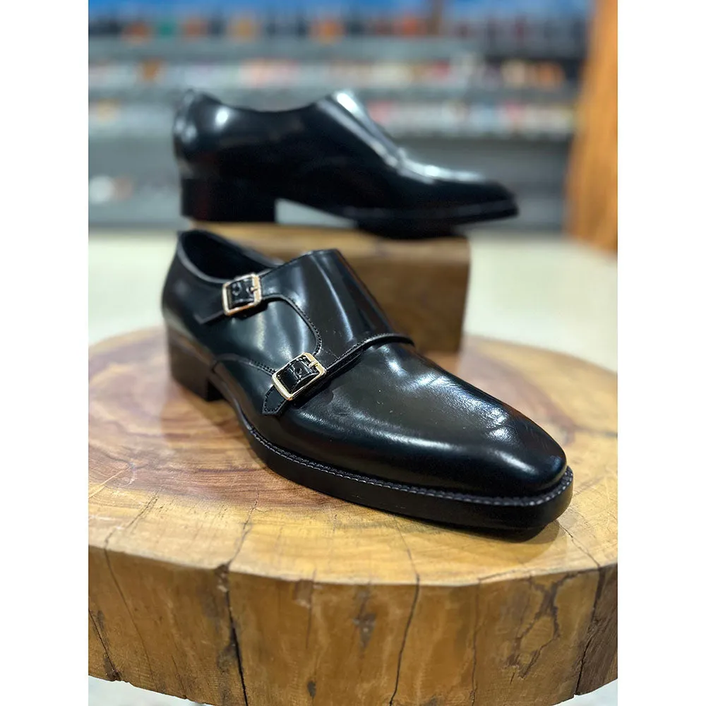 Brushed Black Glossed Chisel Double Monk Strap