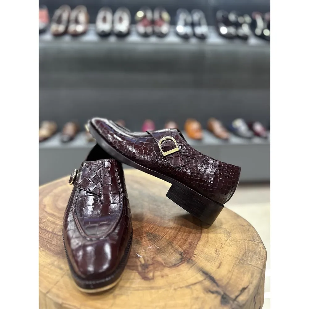 Burgundy Croco Mirror Glossed Single Monk With Metal Toe Plate