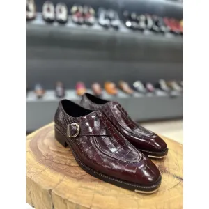 Burgundy Croco Mirror Glossed Single Monk With Metal Toe Plate