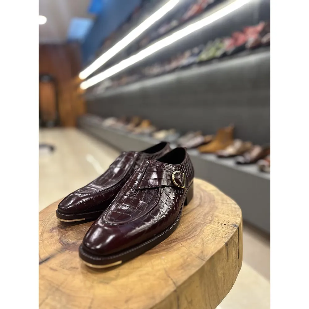 Burgundy Croco Mirror Glossed Single Monk With Metal Toe Plate