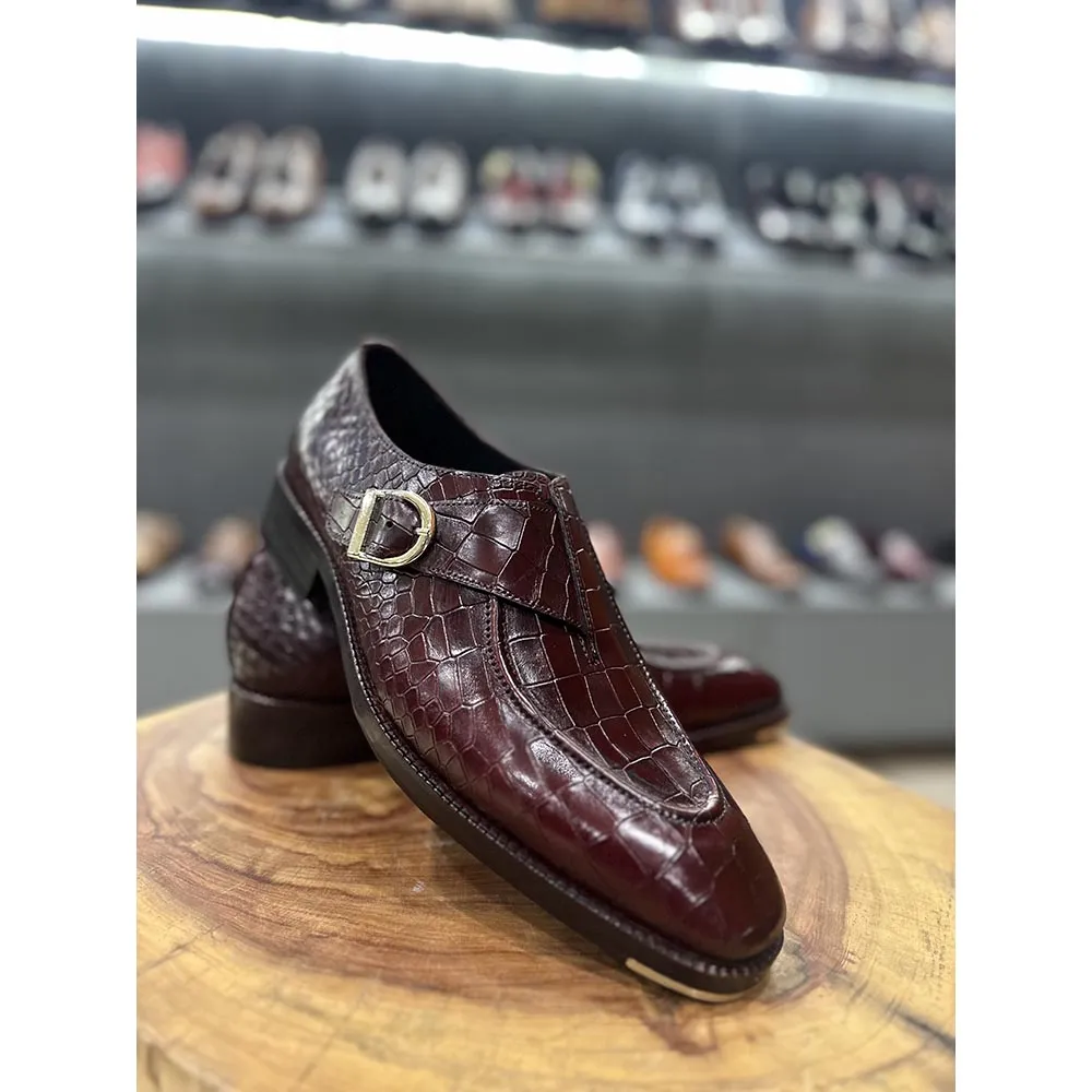 Burgundy Croco Mirror Glossed Single Monk With Metal Toe Plate