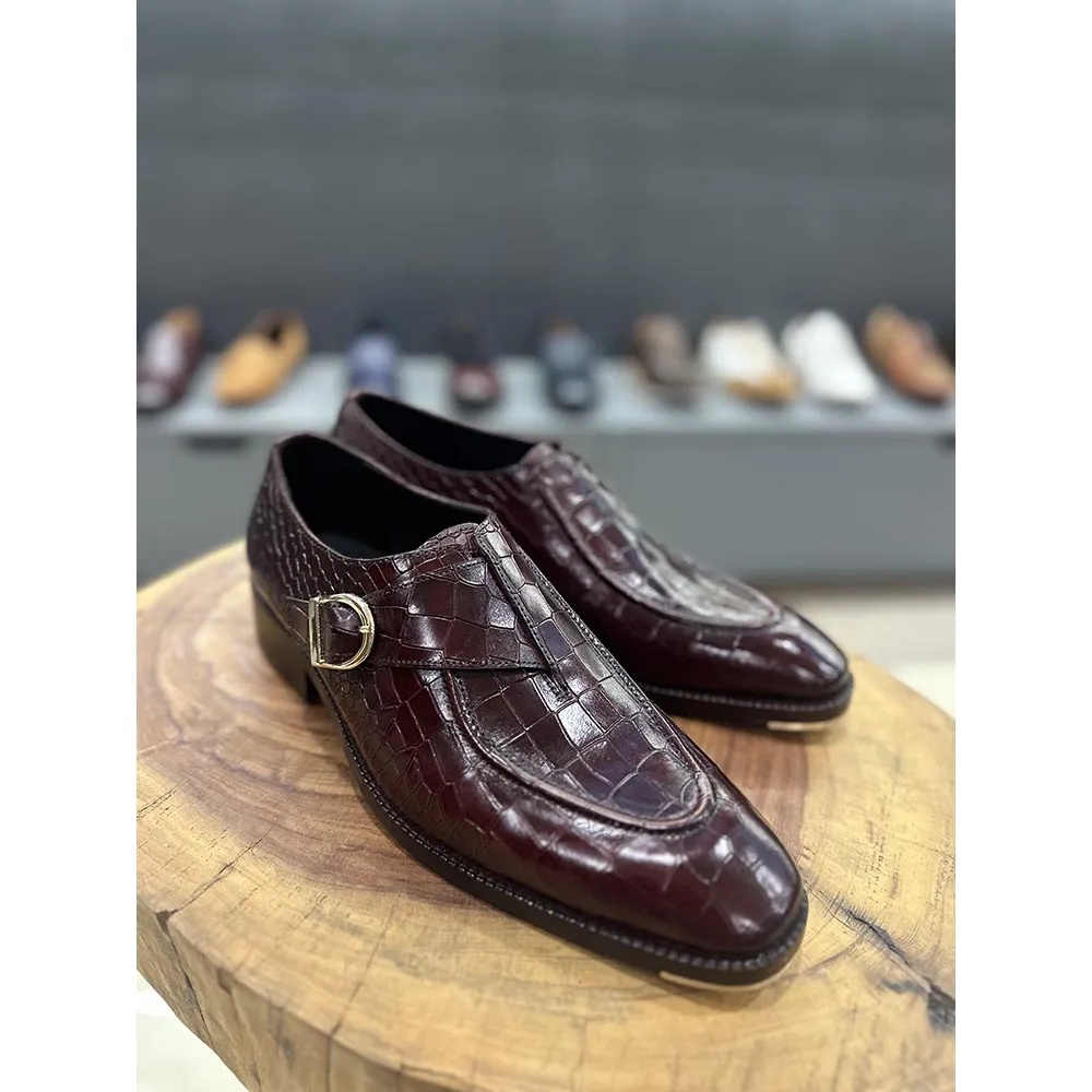 Burgundy Croco Mirror Glossed Single Monk With Metal Toe Plate
