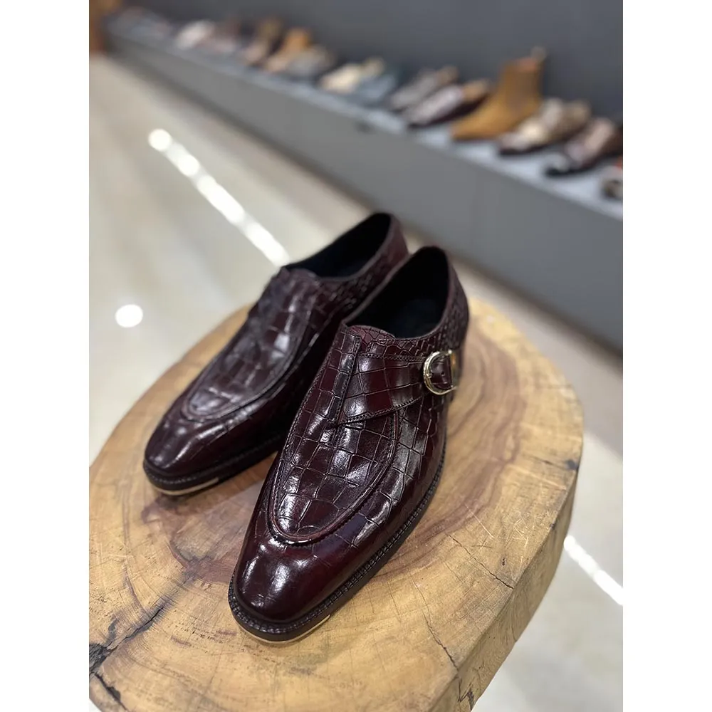 Burgundy Croco Mirror Glossed Single Monk With Metal Toe Plate