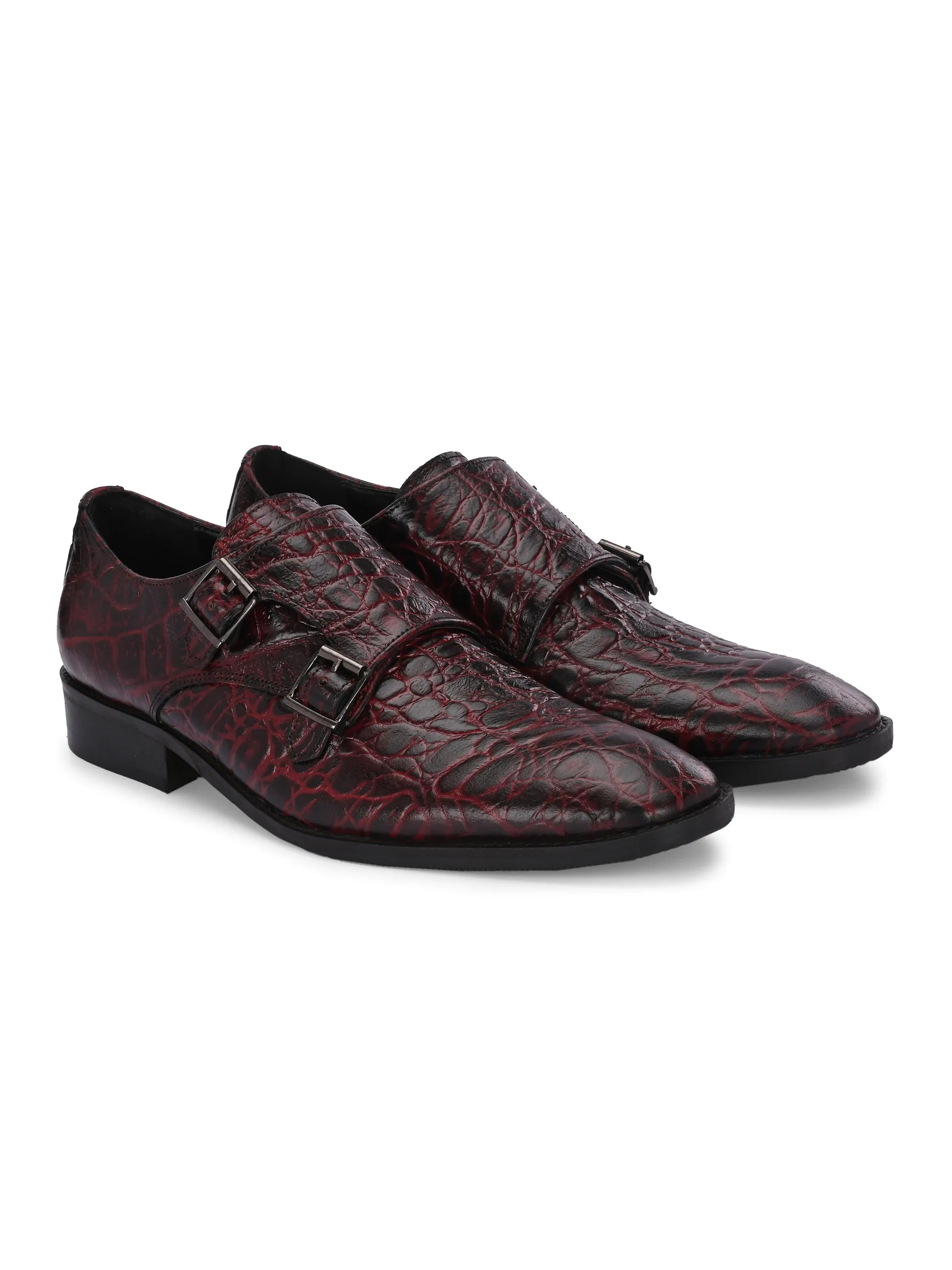 CARLO ROMANO BORDO COLOR ITALIAN CROCODILE PRINTED LEATHER MONK FORMAL SHOE FOR MEN