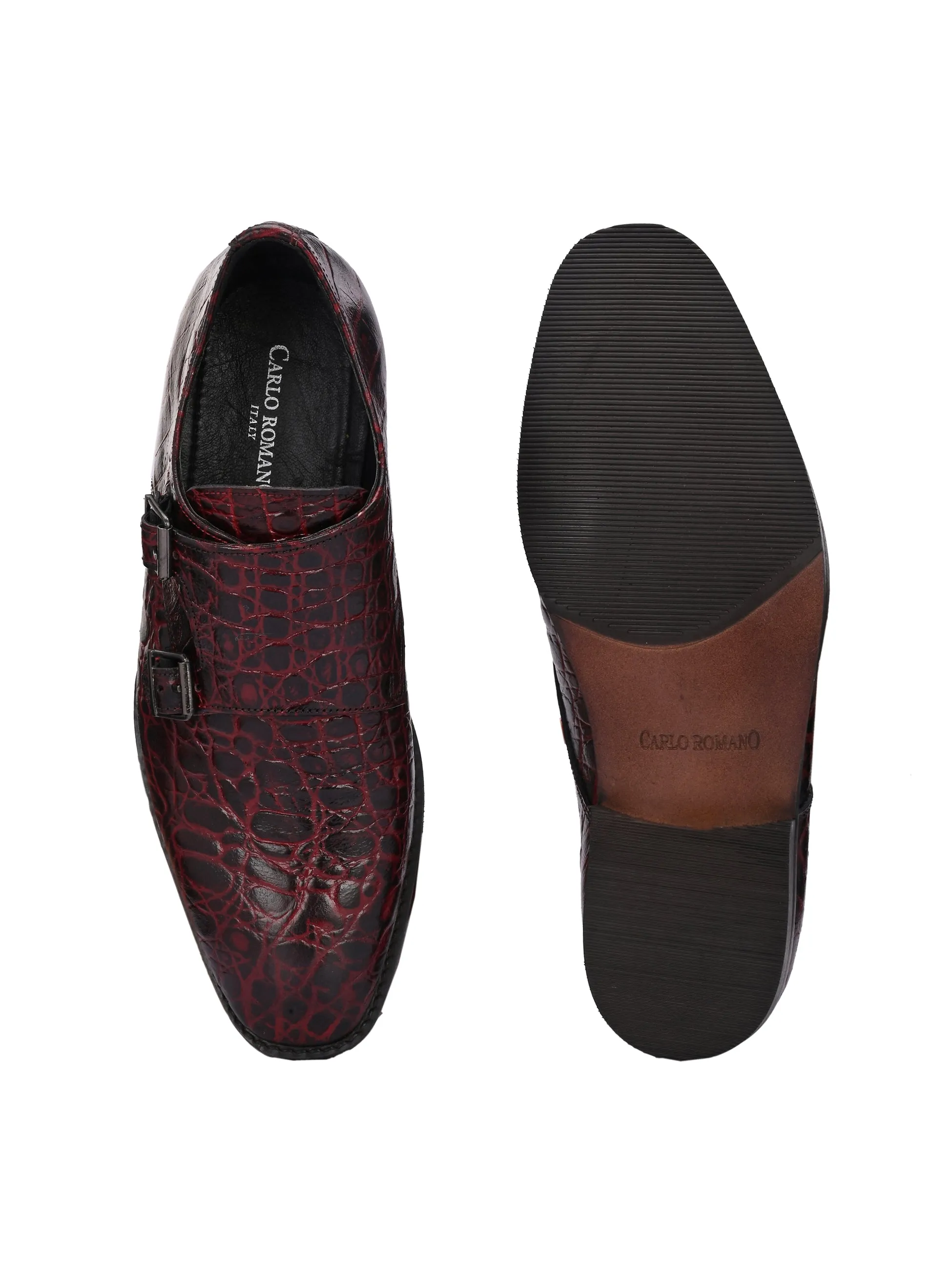 CARLO ROMANO BORDO COLOR ITALIAN CROCODILE PRINTED LEATHER MONK FORMAL SHOE FOR MEN