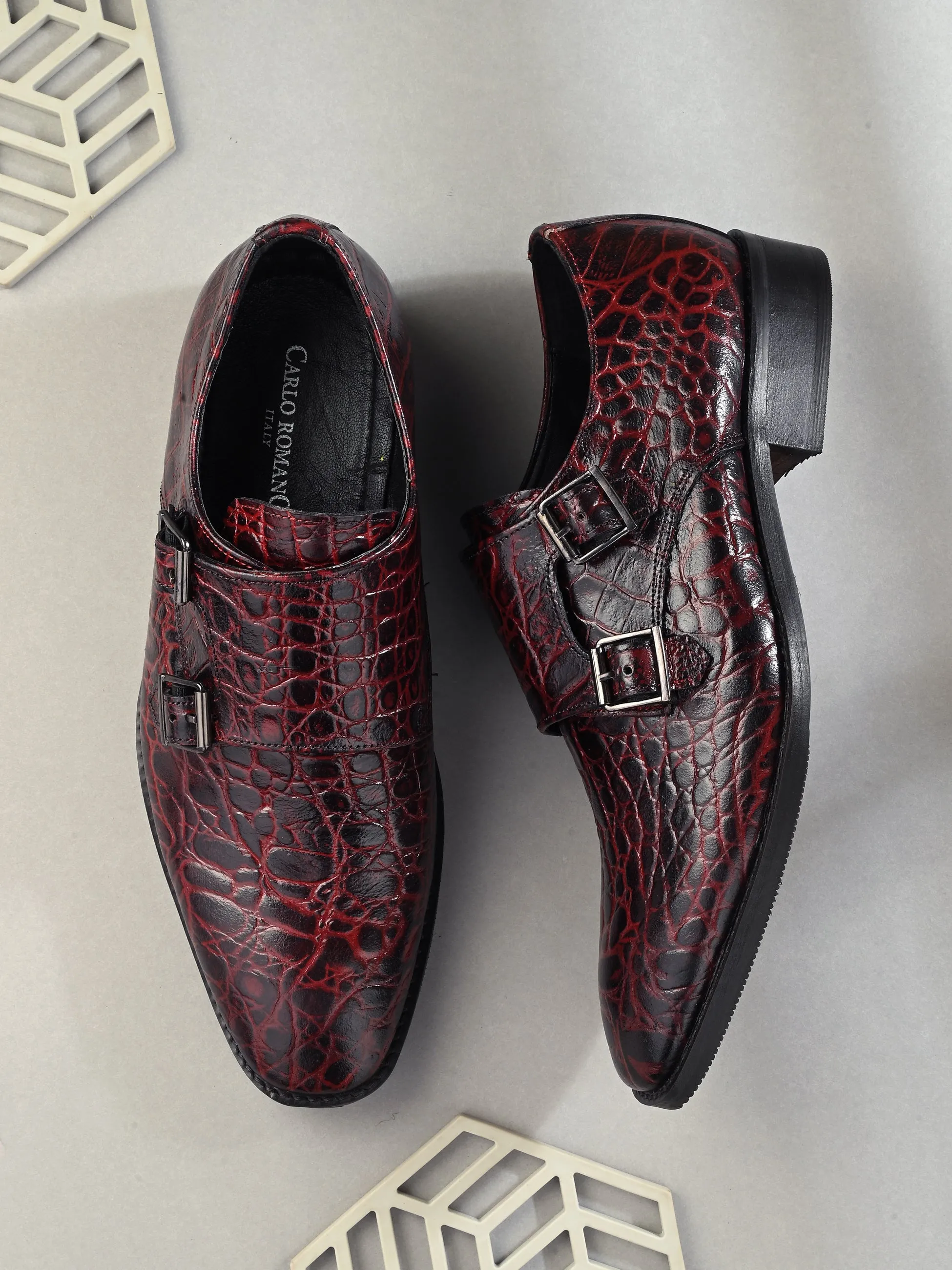 CARLO ROMANO BORDO COLOR ITALIAN CROCODILE PRINTED LEATHER MONK FORMAL SHOE FOR MEN
