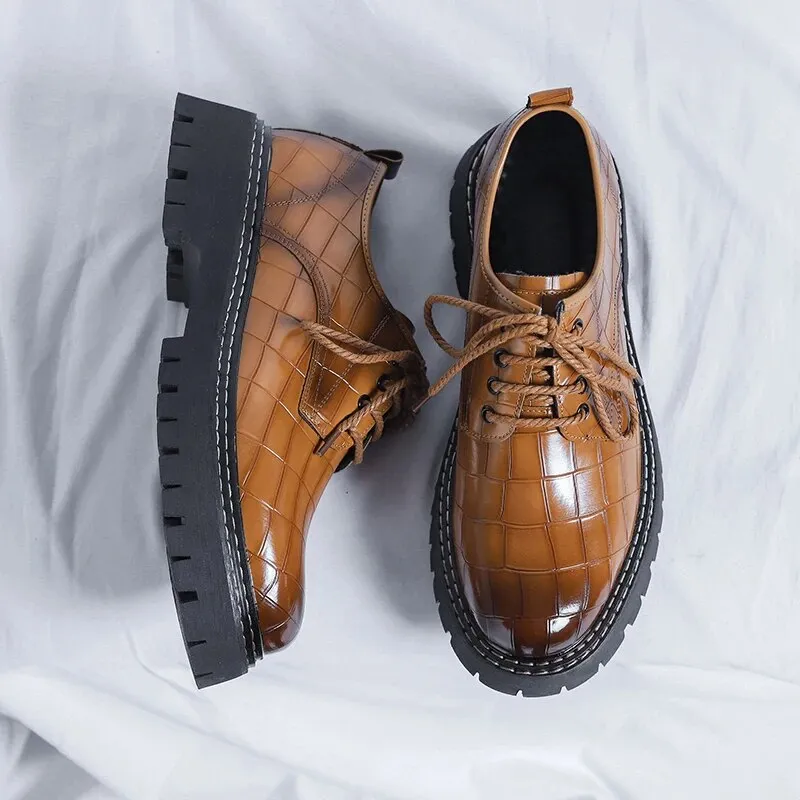 Casual Oxford Shoes Black Leather Square Croco Pattern