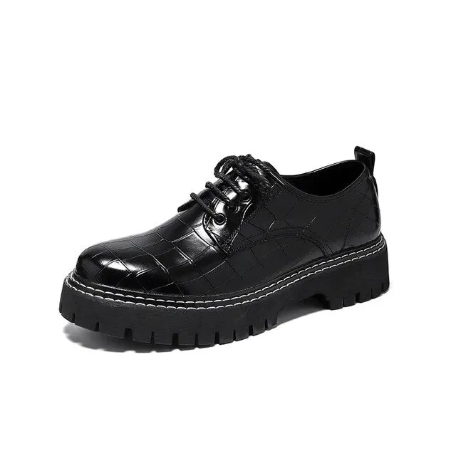 Casual Oxford Shoes Black Leather Square Croco Pattern
