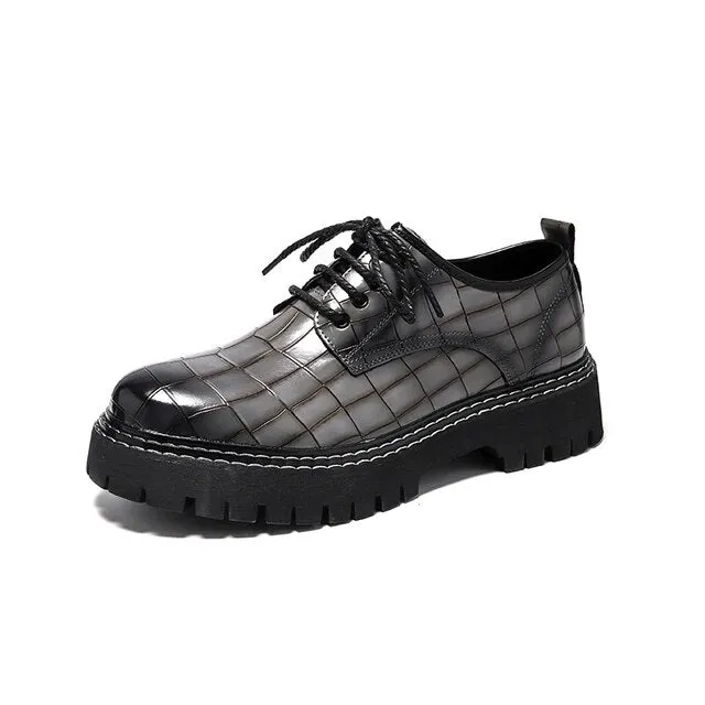 Casual Oxford Shoes Black Leather Square Croco Pattern