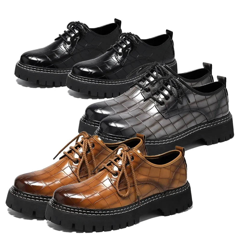 Casual Oxford Shoes Black Leather Square Croco Pattern