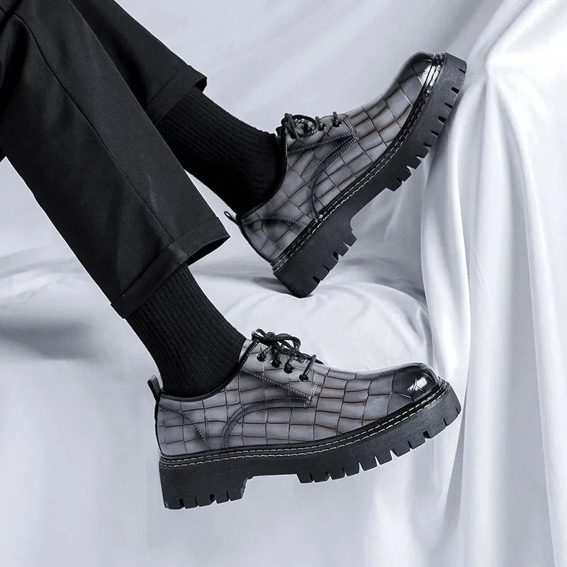 Casual Oxford Shoes Black Leather Square Croco Pattern