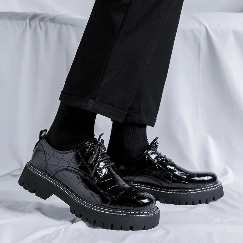 Casual Oxford Shoes Black Leather Square Croco Pattern