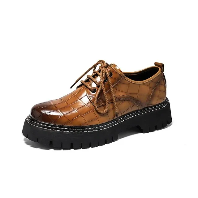 Casual Oxford Shoes Black Leather Square Croco Pattern
