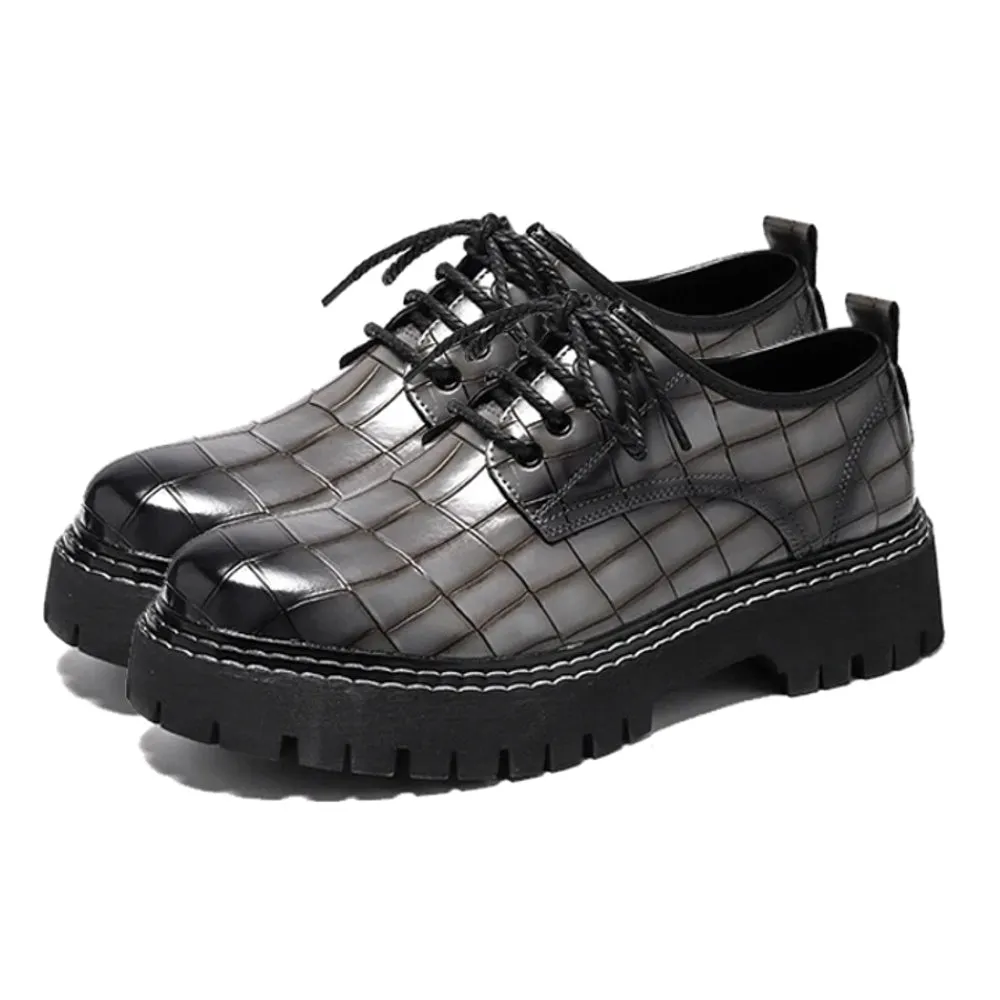 Casual Oxford Shoes Black Leather Square Croco Pattern
