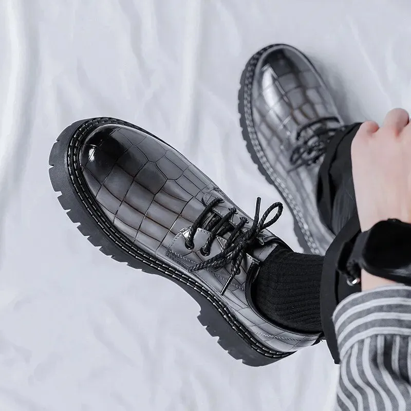 Casual Oxford Shoes Black Leather Square Croco Pattern